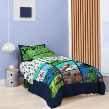 Minecraft kids bedding set on bed: blue-and-white pixel comforter with green pillow