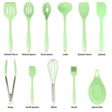 Mint green silicone cooking utensils assortment, various tool heads and long handles