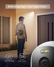 White outdoor surveillance camera with built-in spotlight near a house entrance