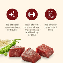 Beef and peas ingredient graphic with icons for no artificial preservatives