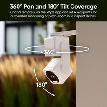 White pan-tilt security camera showing 360° pan and 180° tilt coverage