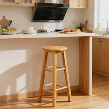 Natural wood backless counter stool with round seat and ladder-style supports