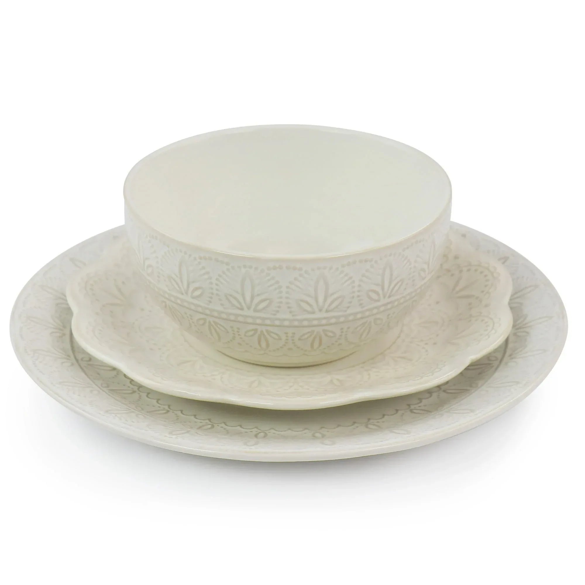 Elama White Lace 16 Piece Luxurious Stoneware Dinnerware with Complete Setting for 4