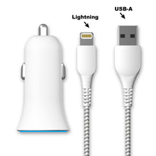 White dual-port car charger with Lightning and USB-A cables shown together.