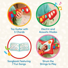 Red toy guitar shown with colorful buttons and included songbook