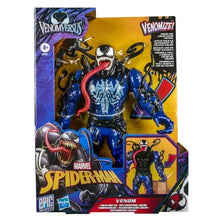 Venom-style action figure in retail box with blue suit and black tentacles