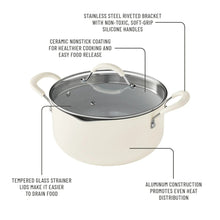Cream nonstick dutch oven with tempered glass strainer lid and handles