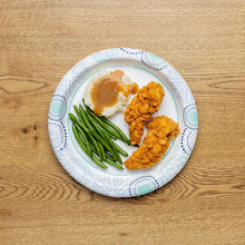 10-inch paper plate with chicken, green beans, and a baked potato, disposable