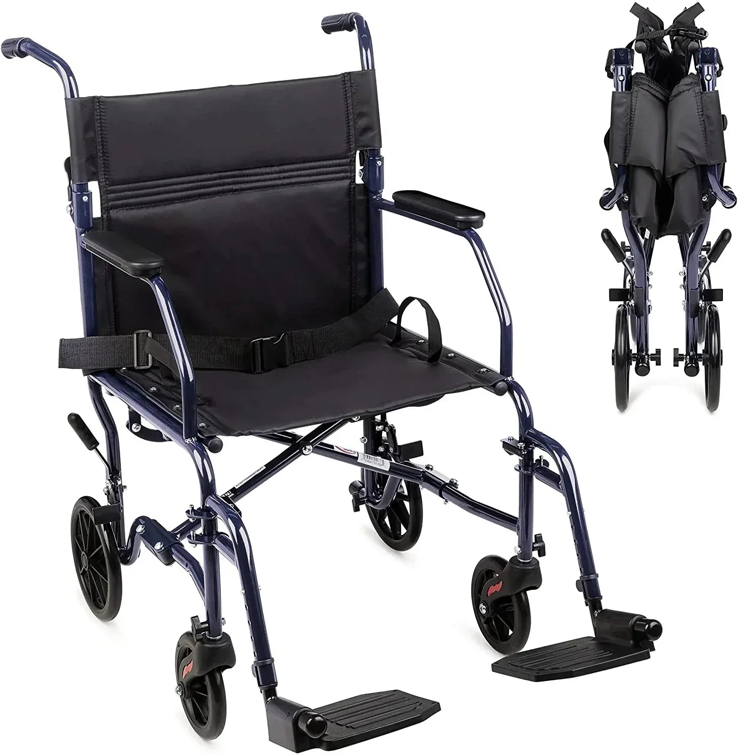 Carex Steel Transport Chair with 19" Seat, Swing-Away Footrests, Blue, 300 lb Weight Capacity