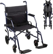 Blue transport wheelchair with black padded seat, armrests, and swing-away footplates, side view
