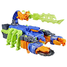Robot action figure parts and accessories in blue, green, orange, and gray