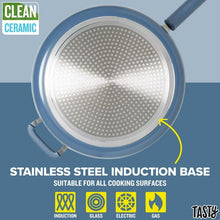 Blue ceramic non-stick pan base with stainless steel induction plate and side handles