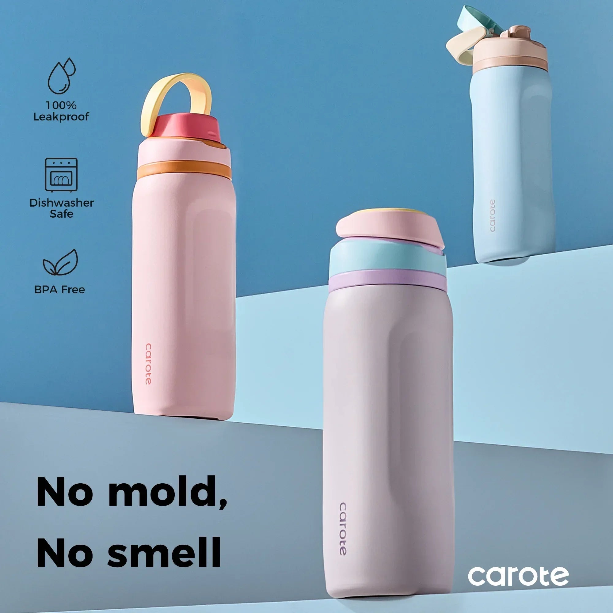 Carote 2-Pack Stainless Steel Water Bottle, Insulated Tumbler with Straw, Vacuum Sealed & Leakproof, 16 fl oz Pink & 26 fl oz Blue
