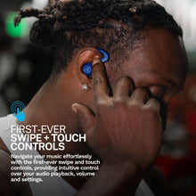 Cobalt blue true wireless earbuds in ears with touch panel