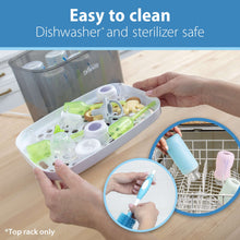 Clear silicone baby bottle nipples in a tray, dishwasher and sterilizer safe