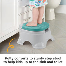 White potty converts to step stool with teal non-slip top