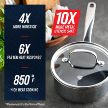 Stainless steel saucepan with lid and side handles, dark nonstick interior