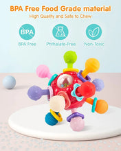 Red sensory teething ball rattle toy with colorful handles and textured chew pieces
