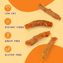 Sweet potato and chicken dog chew sticks with low fat, grain free, gluten free labels