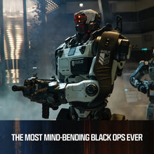 Robot soldier holding a rifle in a futuristic indoor setting
