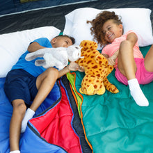 Youth sleeping bag in teal and blue with red underside, kids inside with plush toy