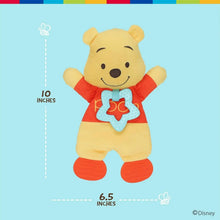 Plush Winnie the Pooh sensory teether blanket with blue star teether and red feet