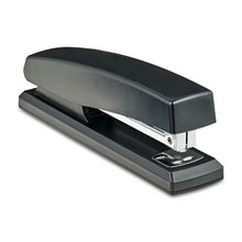 Black desktop stapler with top cover and metal stapling bar