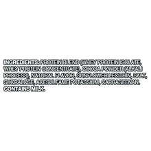 Ingredients panel for whey protein powder, listing whey protein isolate and cocoa powder
