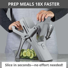 Light gray mandoline slicer with chute guard and food tray