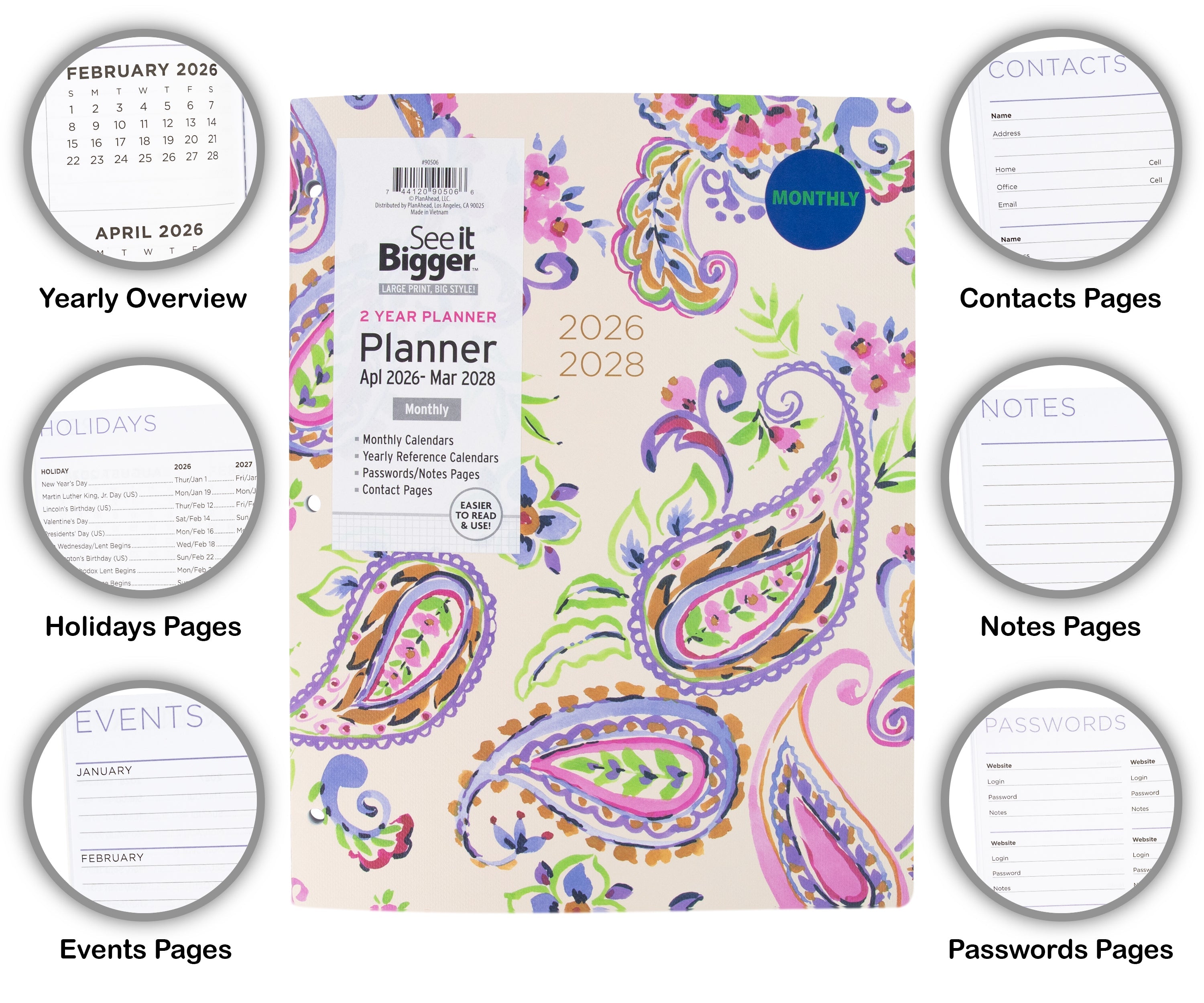 See It Bigger Monthly Planner, Large (8.5" x 11"), Paisley, 2-Year: Apr 2026 – Mar 2028