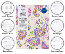 Large paisley 2-year monthly planner with sidebar tabs: contacts, notes, passwords