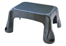 Gray plastic step stool with arched base and side grip cutouts