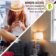 Smart Wi-Fi outlet plug remote control while a person holds a smartphone indoors