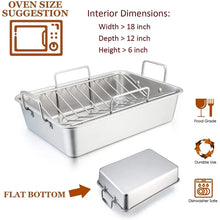 Stainless steel roasting pan with wire rack and raised handles