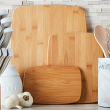 3-piece bamboo cutting board set with three rounded sizes for prep