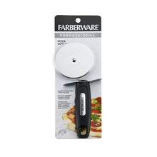 Stainless steel pizza cutter retail package with black handle and cutting wheel