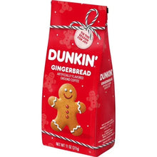 Dunkin’ gingerbread ground coffee bag with gingerbread man and “Dunkin’” logo