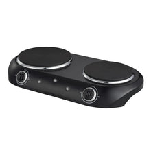 Black double-burner electric cooktop with two coil burners and front control dials