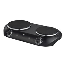 Black double burner electric cooktop with two coil hot plates and front control knobs