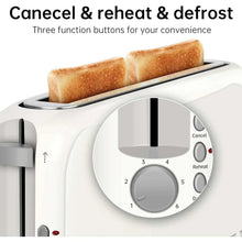White 2-slice toaster with bread in the slots and front function buttons