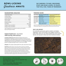 Air-dried dog food pouch back label with guaranteed analysis and feeding guide tables.