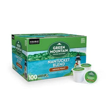 Green Mountain Nantucket Blend medium roast K-Cup pod box with pod cup