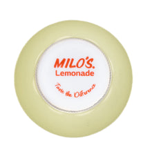 Bottle cap insert label with Milo's Lemonade text on pale background