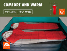 Red mummy sleeping bag laid inside an open tent on a sleeping pad