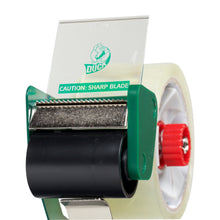 Clear acrylic tape roll in dispenser with caution sharp blade label