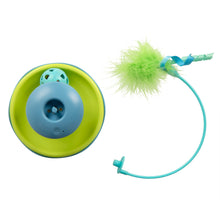 Lime and blue electronic cat toy base with spinning ball and feather wand tether.