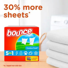 Bounce Outdoor Fresh dryer sheet box with 30% more sheets and folded linens