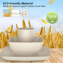 Beige wheat-straw dinnerware set with stacked plate, bowl, and cup on wooden surface