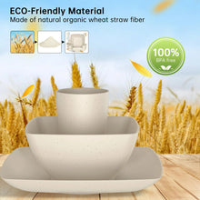 Beige wheat straw dinnerware set with stacked square plates, bowls, and a cup
