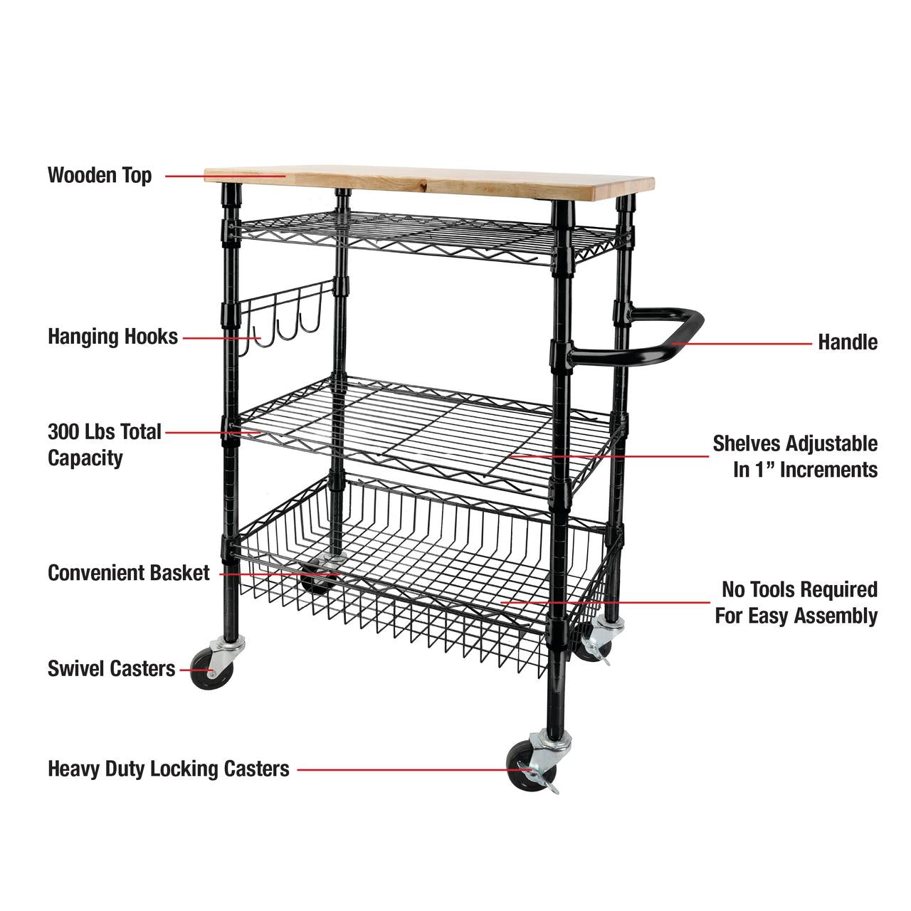 Rubbermaid 3-Tier Heavy Duty Black Rolling Utility Cart with Solid Wood Top, 300lb Capacity